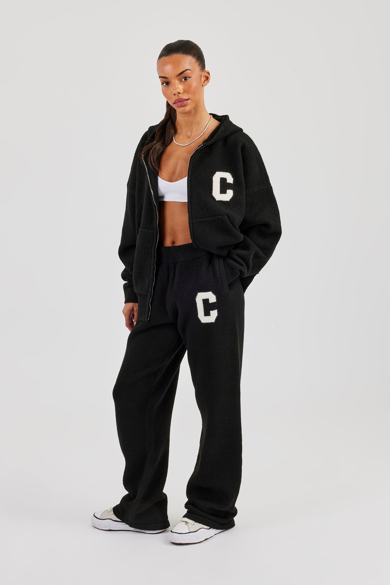Hooded Zip Through Knitted Tracksuit - Black